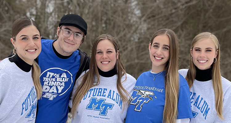 Five of the Fisher siblings get to bump shoulders both at family gatherings and on the Middle Tennessee State University campus in Murfreesboro, Tennessee, where the whole group pursue their education together studying subjects from business to aerospace. The five siblings show off their True Blue spirit in MTSU shirts, from left, Calliope, Joseph, Amanda, Raquel and Gabriela Fisher. (Submitted photo)