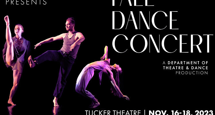 MTSU Dance Program students performing in the 2023 Fall Dance Concert are, from left, Rachel Osucha, Trey Kirris and Avery Biddle. (Photo by Martin O'Connor/Illustration by Aaron Johnson)