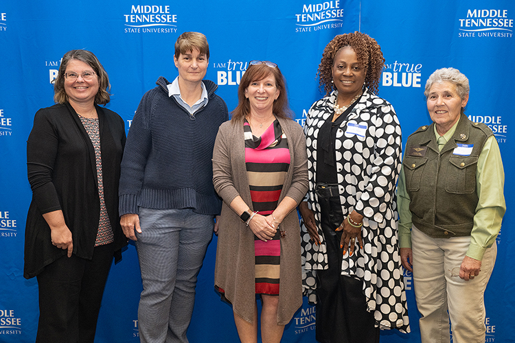 Military veteran honorees of Middle Tennessee State University Women Warriors event held Nov. 6, 2023, are, from left, Dr. Joann Neubauer (Army), Anne Anderson (Army), DeAnne Hathaway (Army), Twylla Peebles (Navy) and Kimberly King (Navy). The five women were nominated by community members. (MTSU photo by Cat Curtis Murphy)