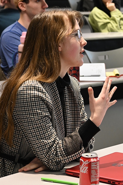Middle Tennessee State University student Beatrice Suggs, a sophomore accounting major from Readyville, Tenn., shares her thoughts on Super Bowl 58 commercials Feb. 15 in the class of assistant marketing professor Gaia Rancati in the Business and Aerospace Building. Suggs and other students gave feedback via Zoom to Rick Suter, senior content strategist for the Gannett/USA Today network following their participation in the inaugural USA Today-Ad Meter college/university spotlight program to rate Super Bowl 58 commercials. (MTSU photo by Jimmy Hart)