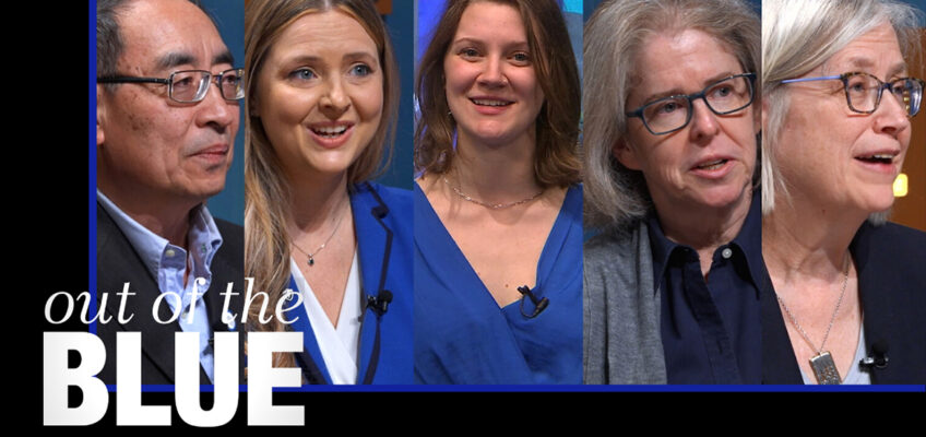 From left, guests on the March 2024 episode of MTSU “Out of the Blue” included Dr. Don Hong, Department of Mathematical Sciences professor and director of the Actuarial Science program, and student Jennifer Rody, president-elect of the Actuarial Math Student Association; journalism student Zoe Naylor; Dr. Ann McCullough, chair of the General Education Committee, and Dr. Susan Myers-Shirk, history professor and director of MTSU General Education/True Blue Core. (MTSU photo illustration by Joe Poe)