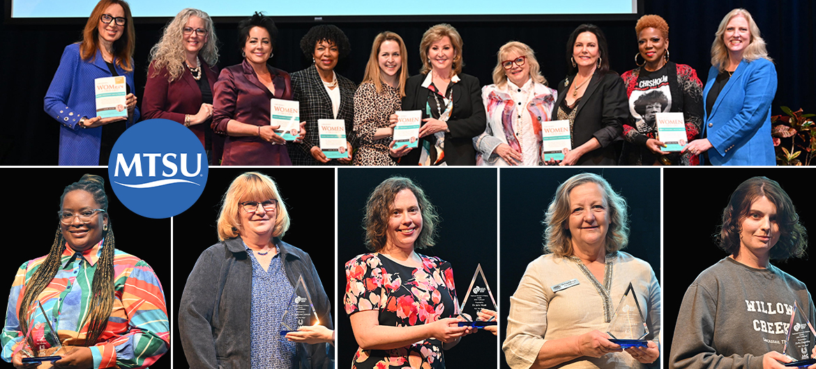 Middle Tennessee State University 'Women of True Grit' Conference panelists who spoke at the event Tuesday, March 12, are, from left, Lana King, Paula Mosher Wallace, Kelly Lang, Shelia Nash Stevenson, Alie B. Gorrie, Marion MacKenzie Pyle, Edie Hand, Anastasia Brown, Gina Miller and MTSU College of Media and Entertainment Dean Beverly Keel. The event was held inside Tucker Theatre on the MTSU campus in Murfreesboro, Tenn. (MTSU photo by James Cessna) Middle Tennessee State University presented the 2024 Trailblazer Awards Tuesday, March 12, during a ceremony inside Tucker Theatre. Pictured, from left, are Janet McCormick, Communication Studies professor; Nia Allen, Diversity Dissertation Fellow in Textiles, Merchandising and Design Program; Julie Myatt, associate professor of English and MT Engage director; psychology student Zofia Zagalsky; and Vickie Harden, associate professor and Master of Social Work Program coordinator. The awards are presented annually as part of the university’s Women’s History Month observance and honors women on campus who positively impact the campus community. (MTSU photo illustration; photos by James Cessna)