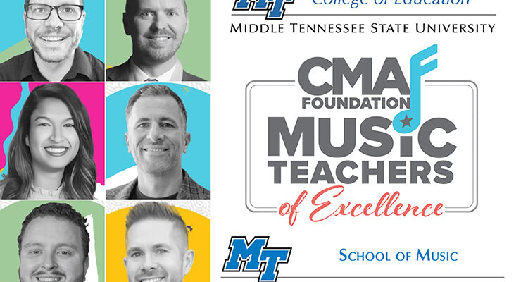 Six alumni from Middle Tennessee State University were recently named among this year’s 30 total Country Music Association Foundation’s Music Teachers of Excellence. Pictured, from left in top row, are Tony Hartman and Michael Holland; from left in middle row, Katiana Nicholson and Evan Burton; and from left in bottom row, Andrew Smith and Allen Kennedy. (MTSU graphic illustration by Stephanie Wagner)