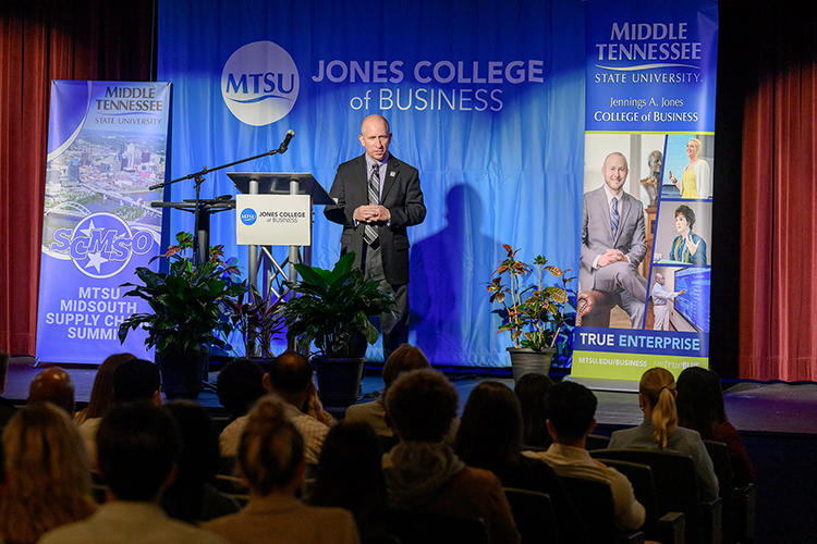 Richard Tarpey, assistant professor in the college’s Supply Chain Management program, listens to an audience member during the 2024 Midsouth Supply Chain Summit held April 11 at Keathley University Center on the campus of Middle Tennessee State University in Murfreesboro, Tenn. (MTSU photo by J. Intintoli)