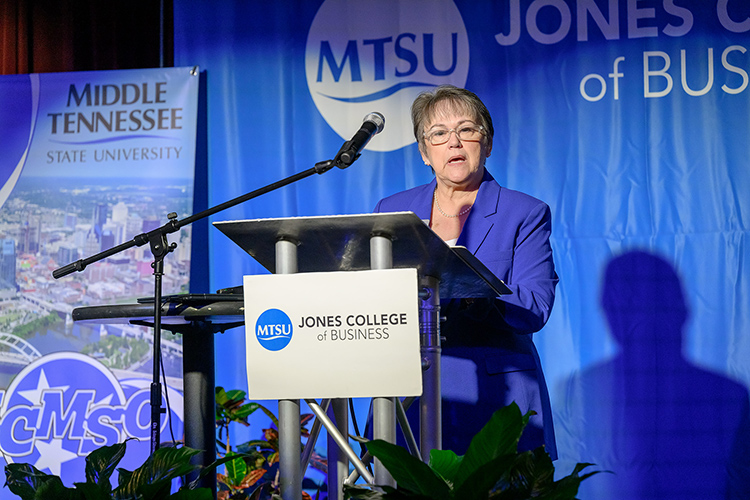 Joyce Heames, dean of the Jones College of Business at Middle Tennessee State University, welcomes attendees to the 2024 Midsouth Supply Chain Summit held April 11 at Keathley University Center on the campus of Middle Tennessee State University in Murfreesboro, Tenn. (MTSU photo by J. Intintoli)