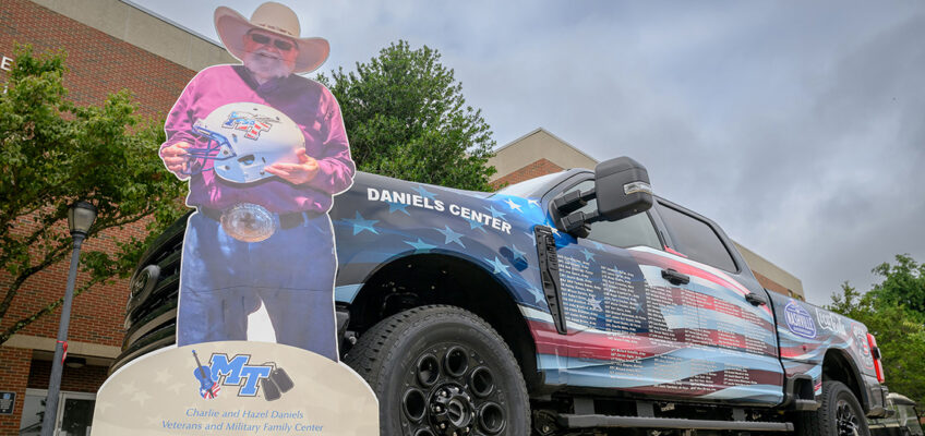 A special Nashville Superspeedway Ford F-350 Veterans Tribute Truck with 132 names of current and former military members sits outside the Keathley University Center on the Middle Tennessee State University campus in Murfreesboro, Tenn. The truck will be on display Friday through Sunday, June 28-30, next to the Charlie and Hazel Daniels Veterans and Military Family Center tent in the Fan Zone at the racetrack just off I-840 in Gladeville, Tenn. (MTSU photo by J. Intintoli)