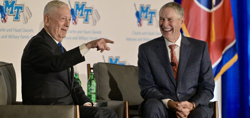 In conversation with Bill Frist, right, former U.S. senator and heart surgeon from Nashville, Tenn., retired U.S. Marine Corps four-star Gen. Jim Mattis joins Frist in laughing about a comment made during a Thursday, Oct. 10, fundraising breakfast at the Hutton Hotel in Nashville to benefit the Middle Tennessee State University Charlie and Hazel Daniels Veterans and Military Family Center, located on the MTSU campus in Murfreesboro. (MTSU photo by Andy Heidt)