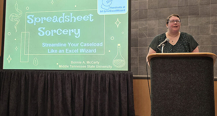 Bonnie McCarty, academic advisor in the College of Behavioral and Health Sciences at Middle Tennessee State University in Murfreesboro, Tenn., gives a presentation on data management at the NACADA Regional Conference for higher education advisors held in March in Memphis, where she won “Best of Region.” (Submitted photo)