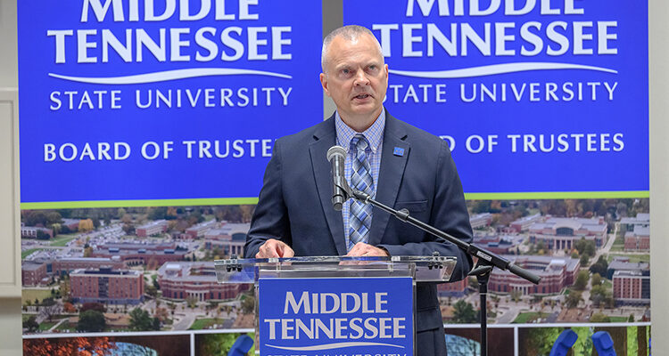 Alan Thomas, vice president for business and finance at Middle Tennessee State University in Murfreesboro, Tenn., addresses the university’s Board of Trustees about institution policies to name its facilities during a special meeting held Tuesday, May 27, at the Miller Education Center. (MTSU photo by J. Intintoli)