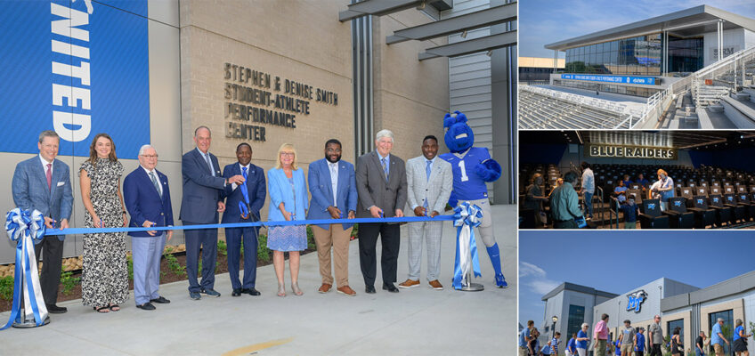 Middle Tennessee State University President Sidney A. McPhee, center, cuts the ribbon on the Stephen and Denise Smith Student-Athlete Performance Center Wednesday, July 30, flanked by Board of Trustees Chairman Stephen Smith, center left, and some trustees and representatives from MTSU Athletics. The new $66 million, 85,000-square-foot facility will serve as home to Blue Raider football while providing state-of-the-art training areas for all student-athletes on the MTSU campus in Murfreesboro, Tenn. (MTSU photo by J. Intintoli)