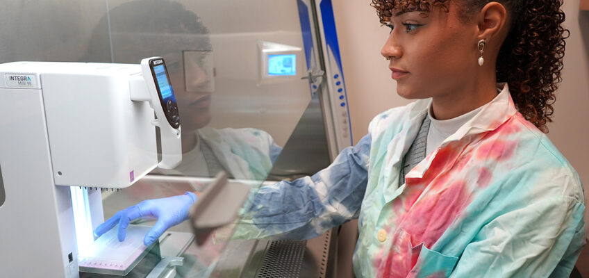 Middle Tennessee State University Honors student Tatyana Martinez places samples in an Integra Mini 96 pipetting robot, a type of automated liquid handler, in a biosafety hood for mixing and ensuring continued growth as part of the Research Experience for Undergraduates, or REU, experiment on campus in Murfreesboro, Tenn. This research is part of her Honors thesis project. (MTSU photo by Robin E. Lee)