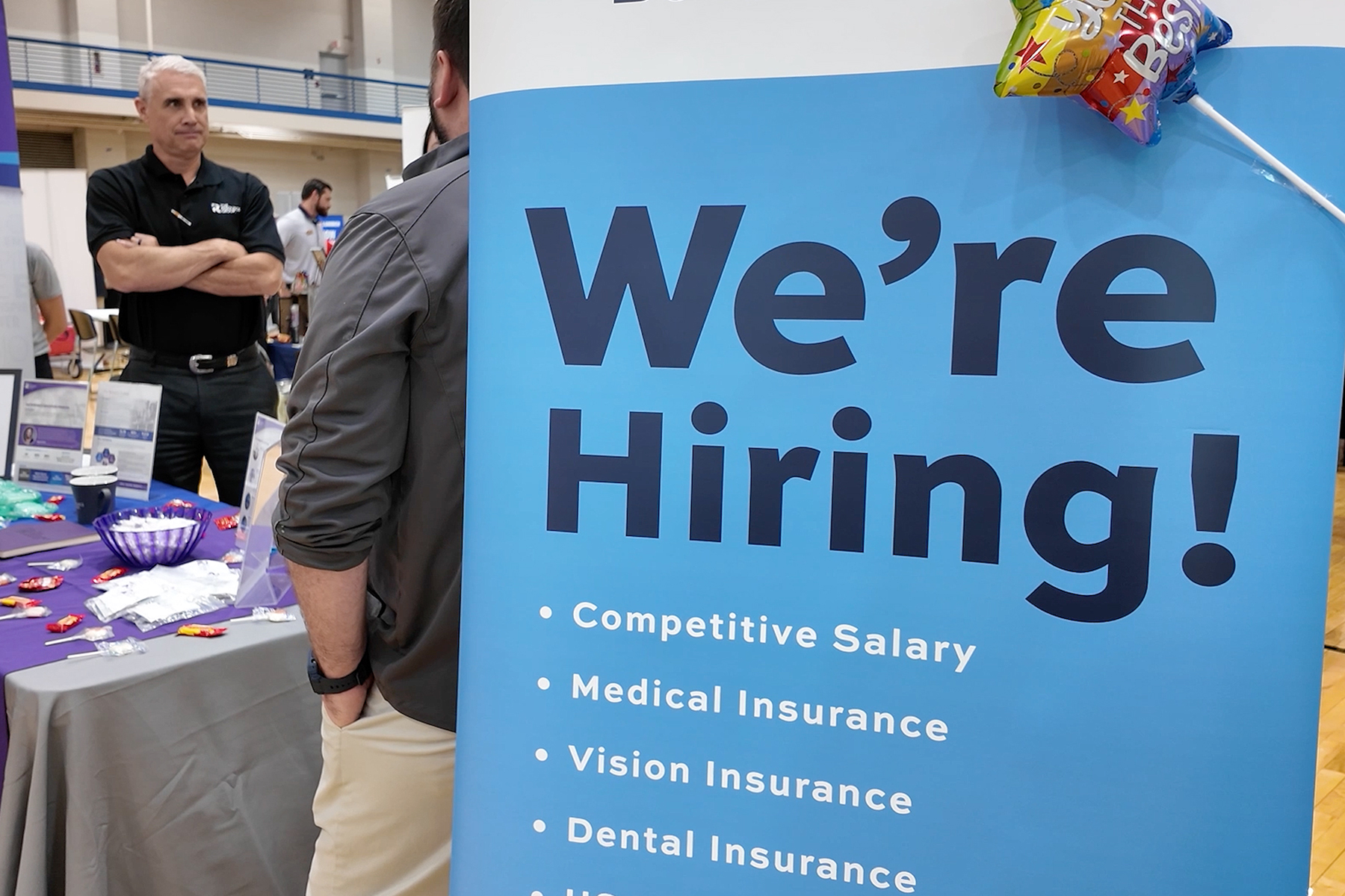 The Campus Recreation Center gymnasium at Middle Tennessee State University in Murfreesboro, Tenn., was packed with potential on Thursday, Sept. 25, for the annual Big Career Fair hosted by the Career Development Center. A record-breaking 2,082 students and alumni perused booths manned by 220 employers. (MTSU photo by Karli Sutton)