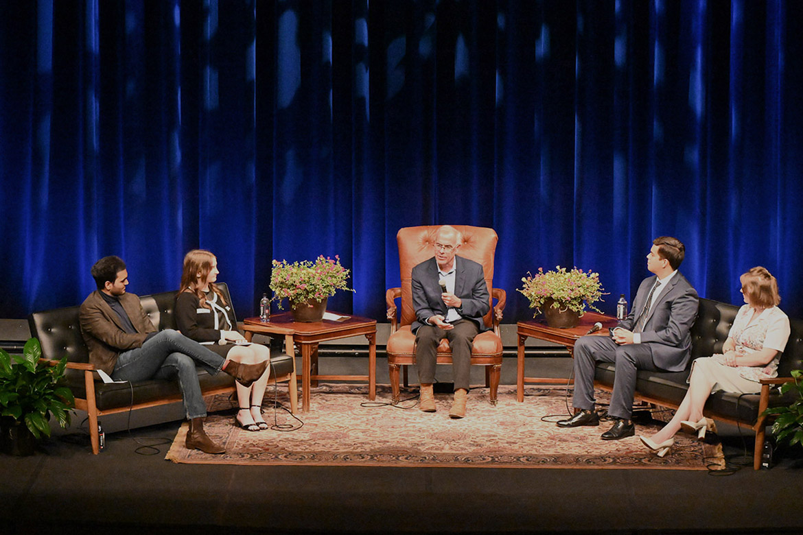 New York Times columnist and PBS contributor David Brooks, center, participates in a panel discussion on “We the People: The Place of the U.S. Constitution in Students’ Everyday Spaces,” with students from MTSU’s American Democracy Project, or ADP, on stage at Tucker Theatre on Tuesday, Sept. 17, as part of the Constitution Day observance at Middle Tennessee State University in Murfreesboro, Tenn. Pictured are, from left, Sneh Gandhi, SGA senator and vice president of the ADP; Victoria Grigsby, SGA senator; David Brooks; Jorge Avila, SGA senator and ADP member; and Hannah Lawrence, ADP member. (MTSU photo by James Cessna)