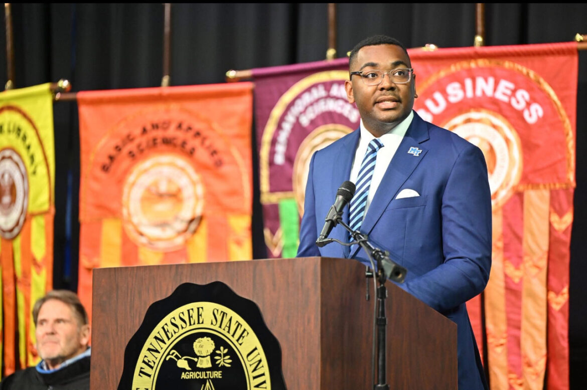 Middle Tennessee State University Student Government Association President RJ Ware addresses students at the university's annual Convocation ceremony held the weekend before classes start each August. (Photo by MTSU)
