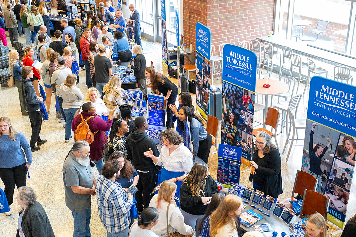 Hundreds of prospective Middle Tennessee State University students visit with campus departments on campus in Murfreesboro, Tenn., in February during a True Blue Preview event in the Student Union. The recruiting season continues with upcoming Saturday preview day events on Sept. 13, Nov. 1 and Feb. 28, 2026. To register for the free events, visit www.mtsu.edu/rsvp. (MTSU file photo by Cat Curtis Murphy)