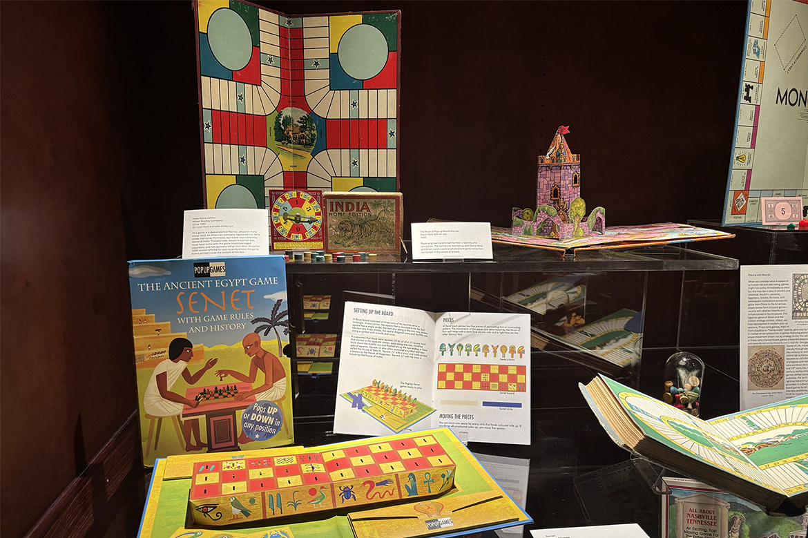 A modern version of the ancient Egyptian game “Senet” is an example of the printed paper toys and games that are part of the “Playful Paper” exhibit on display until early December at James E. Walker Library at Middle Tennessee State University in Murfreesboro, Tenn. (MTSU photo by Nancy DeGennaro)