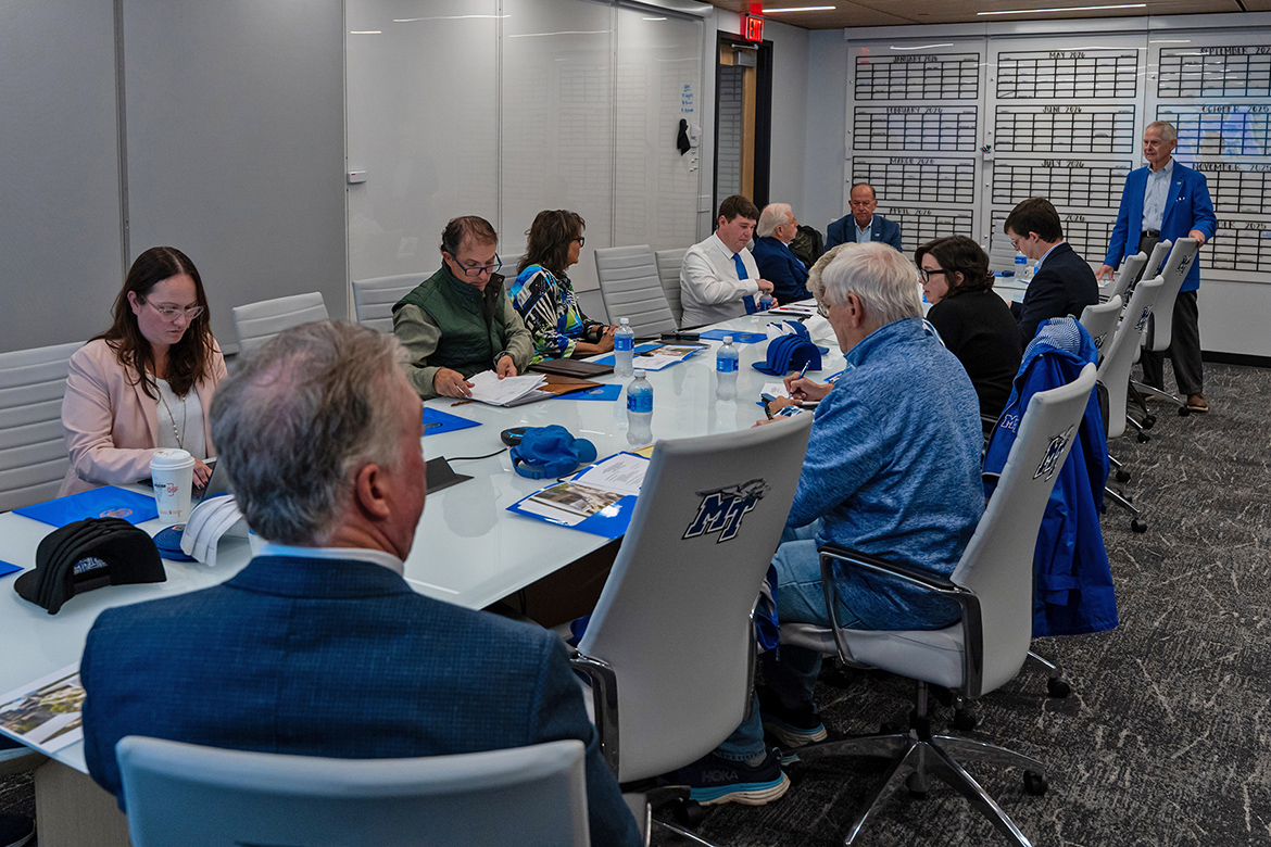 Members of the new Lightning Zone Committee hold their first meeting on Wednesday, Oct. 29, inside the Stephen and Denise Smith Student-Athlete Performance Center on the campus of Middle Tennessee State University in Murfreesboro, Tenn. Created and authorized by the MTSU Board of Trustees, the committee is made up of area elected officials, alumni, and trustees. The group will guide a proposed $119 million in renovations to the historic Murphy Center and create a nearby “Lightning Zone” district to encourage retail and entertainment development. (MTSU Athletics photo)