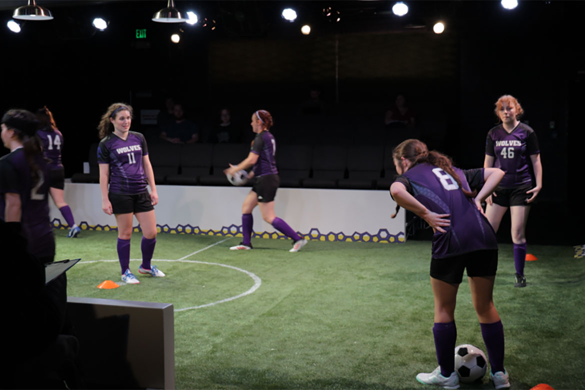The cast of “The Wolves” rehearse ahead of the show’s opening on Thursday, Oct. 2, at the Debra K. Anderson Studio Theatre inside the Boutwell Dramatic Arts Building on Middle Tennessee State University’s campus in Murfreesboro, Tenn.  (MTSU Photo) 