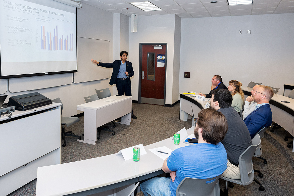 Middle Tennessee State University student Sreehari Sreejith, a senior finance major from Hyderabad, India, gives a presentation to a panel of judges during “The Call of Data” 24-hour analytics challenge held Nov. 7-8 inside the Business and Aerospace Building on campus in Murfreesboro, Tenn. (MTSU photo by Andy Heidt)