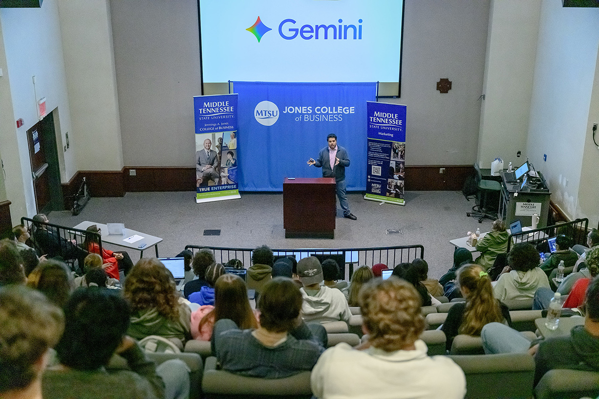 Alessandro Cannas, a product marketing manager for AI tool Google Gemini, discusses his role at the company during a guest lecture on Oct. 27 in the State Farm Room inside the Business and Aerospace Building on the campus of Middle Tennessee State University in Murfreesboro, Tenn. (MTSU photo by J. Intintoli)