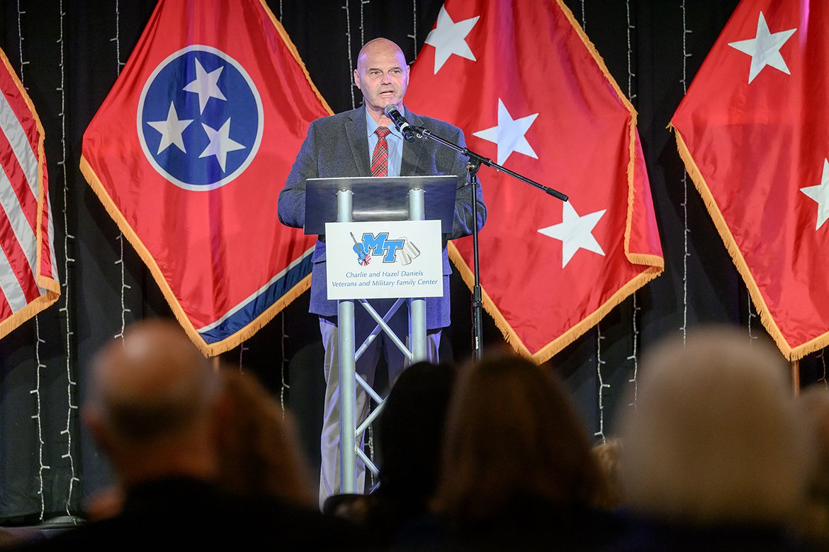 Tommy Baker, Tennessee Department of Veterans Services commissioner and retired U.S. Army major general, shares with those attending the Monday, Nov. 3, Middle Tennessee State University Charlie and Hazel Daniels Veterans and Military Family Center’s 10th anniversary celebration in the Keathley University Center Theater in Murfreesboro, Tenn., that the “milestone represents more than a decade of service and commitment to those who have worn the uniform and to the families who have supported them while they were wearing the uniform.” (MTSU photo by J. Intintoli)
