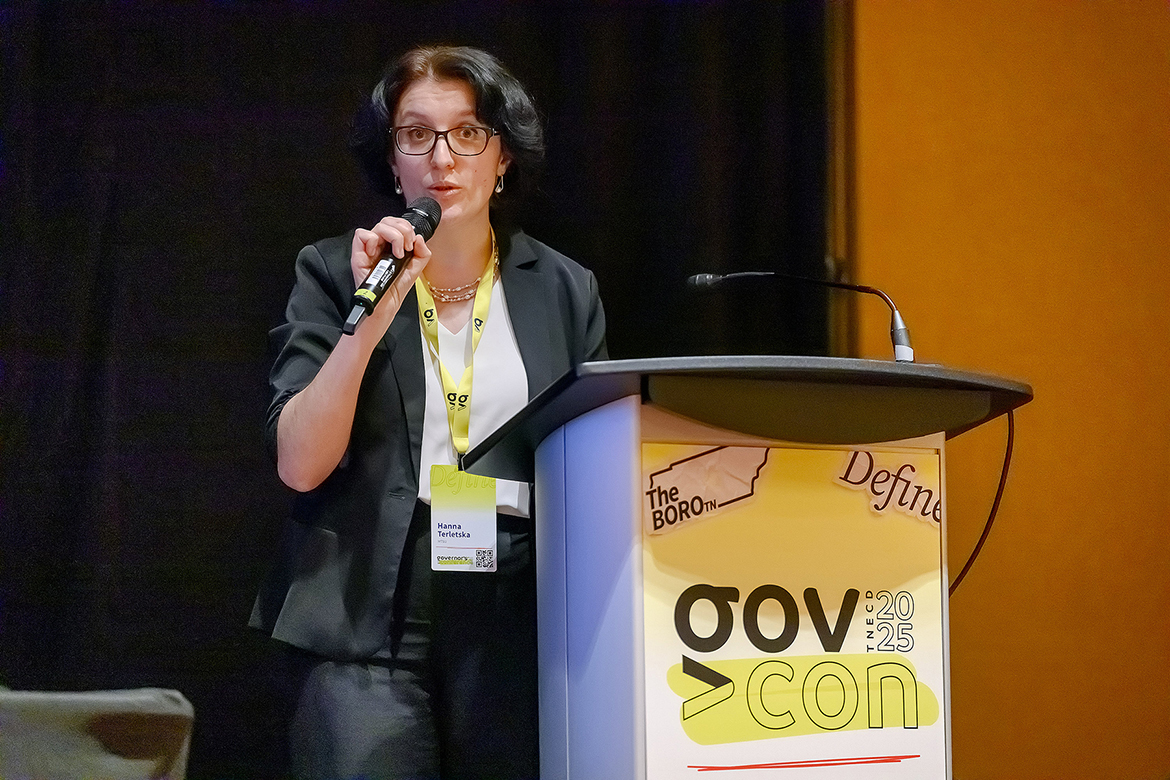 Hanna Terletska, an associate professor in Physics and Astronomy, shares about MTSU quantum research and workforce development efforts with the audience attending the Tennessee Department of Economic and Community Development Governor’s 2025 Conference at the Embassy Suites by Hilton in Murfreesboro, Tenn., on Nov. 4. She is director of the new QRISE (Quantum) Center on campus. (MTSU photo by Andy Heidt)