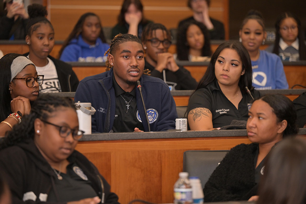 Middle Tennessee State University Student Government Association Sen. King K Hollings speaks during the annual joint meeting with campus administrators held Thursday, Nov. 6, in the Parliamentary Room at the Student Union Building on campus in Murfreesboro, Tenn. (MTSU photo by James Cessna)