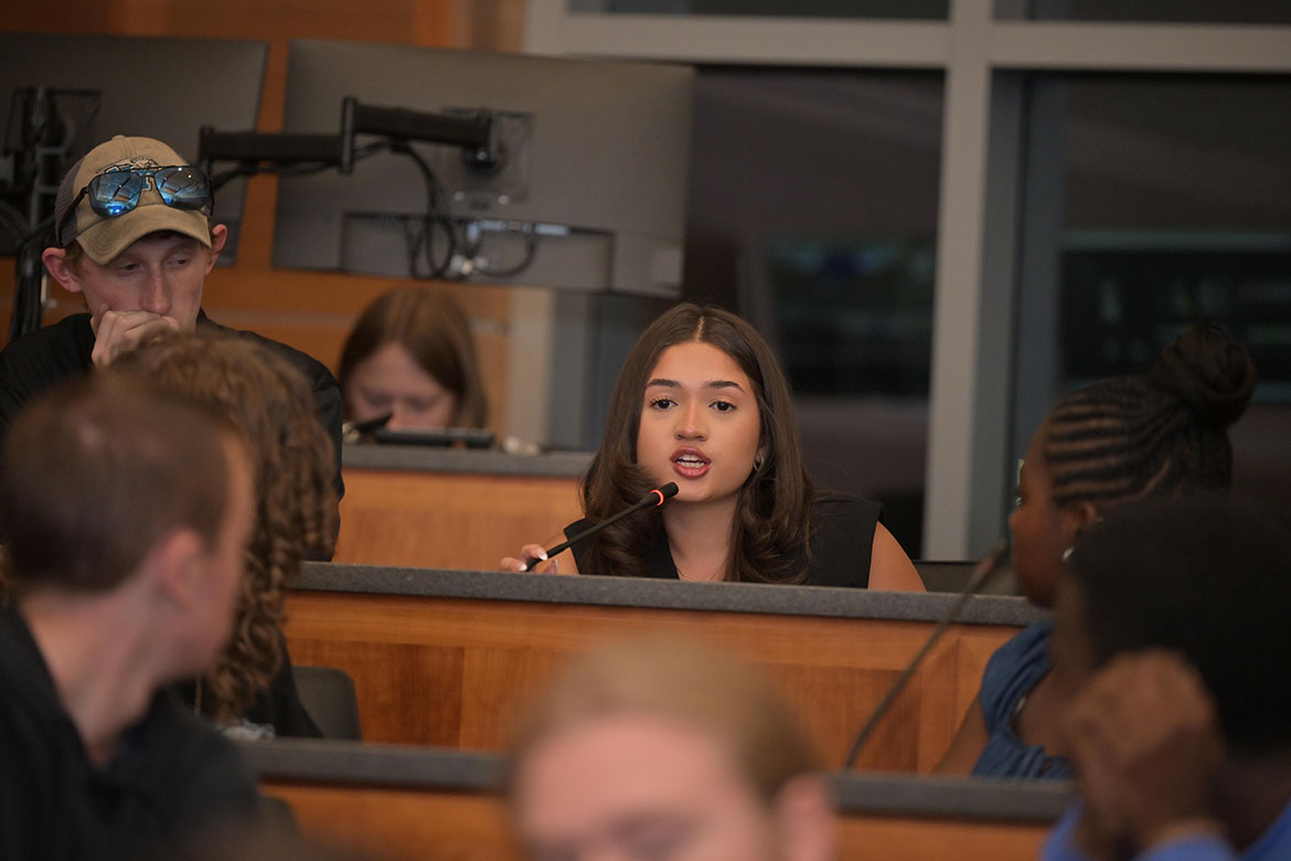 Middle Tennessee State University Student Government Association Sen. Anna Salinas Seaman asks university President Sidney A. McPhee about the elimination of diversity, equity and inclusion programs during the annual joint meeting with campus administrators held Thursday, Nov. 6, in the Parliamentary Room at the Student Union Building on campus in Murfreesboro, Tenn. (MTSU photo by James Cessna)