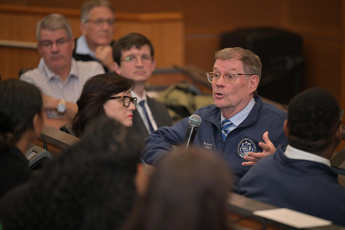 Danny Kelley, Middle Tennessee State University interim vice president of Student Affairs and dean of students, answers a question during the joint meeting between top university administrators and the Student Government Association held Thursday, Nov. 6, in the Parliamentary Room at the Student Union Building on campus in Murfreesboro, Tenn. (MTSU photo by James Cessna)