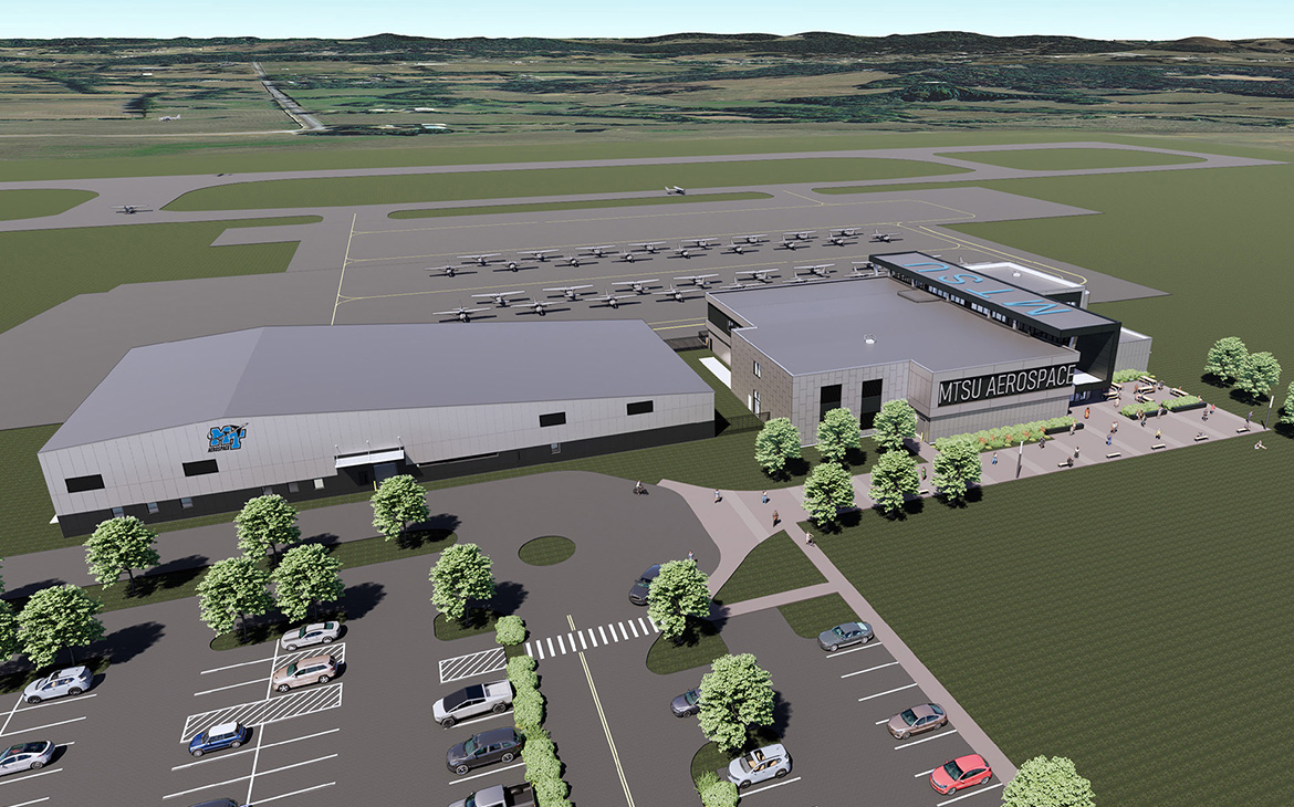 This artist rendering shows an overhead exterior view of Middle Tennessee State University’s new Aerospace Department facilities planned to be built at the Shelbyville (Tenn.) Municipal Airport following the Dec. 3 groundbreaking ceremony. The Murfreesboro university is relocating its flight training program from Murfreesboro Airport to accommodate program growth. (Courtesy MTSU)