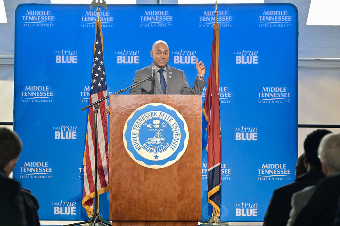 Middle Tennessee State University Aerospace Department Chair Chaminda Prelis addresses a crowd of over 100 who braved near freezing weather on Wednesday, Dec. 3, during the groundbreaking ceremony for the new $73.4 million, state-of-the-art MTSU Aerospace facility that will be located at the Shelbyville Municipal Airport in Shelbyville, Tenn. (MTSU photo by Andy Heidt)