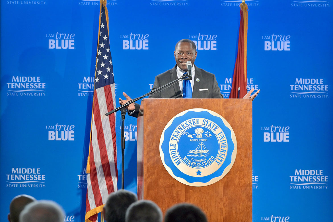 Middle Tennessee State University President Sidney A. McPhee addresses a crowd of over 100 inside a heated tent on Wednesday, Dec. 3, during the groundbreaking ceremony for the new $73.4 million, state-of-the-art MTSU Aerospace facility that will be located at the Shelbyville Municipal Airport in Shelbyville, Tenn. (MTSU photo by Andy Heidt)