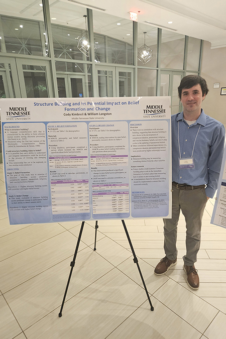 Cody Kimbrell, Middle Tennessee State University graduate psychology student, took home a second-place award for his research on belief formation and change at the Tennessee Psychological Association convention at the Franklin Marriott Cool Springs in Cool Springs, Tenn., on Oct. 18, 2025. (Photo provided by James Loveless)