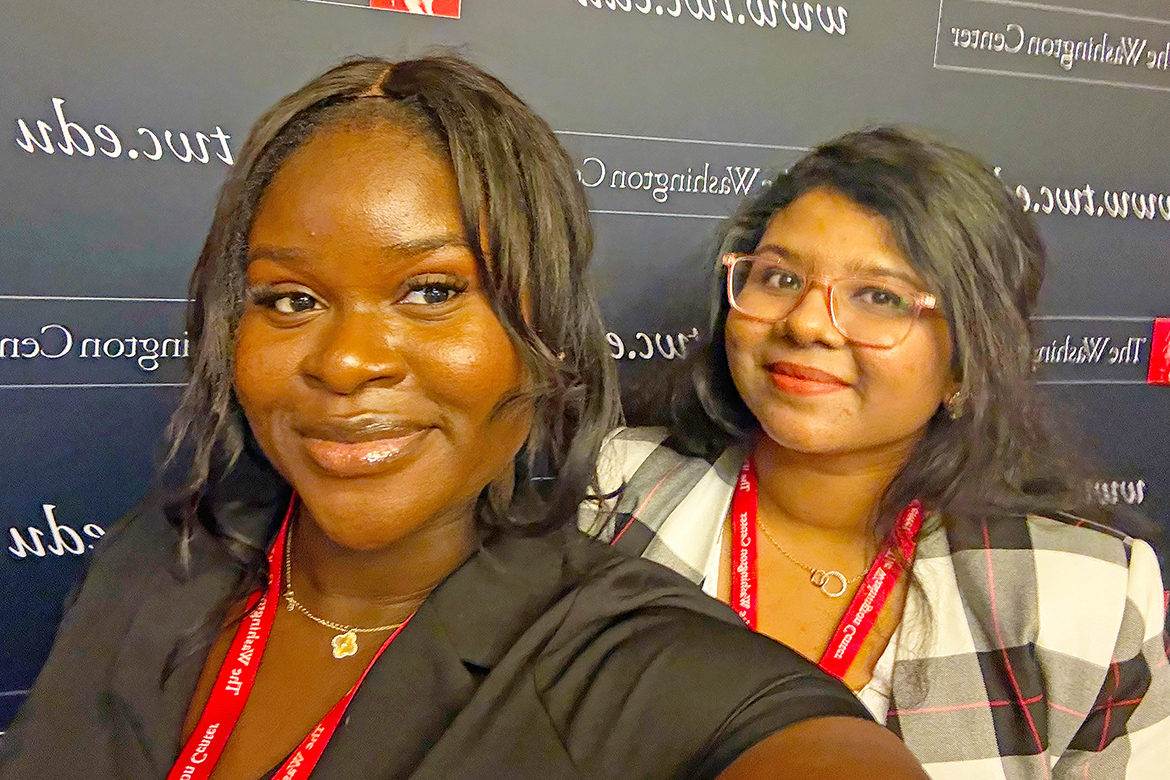Kehinde Olomu, left, and Sumaya Tasnim, graduate students from Middle Tennessee State University in Murfreesboro, Tenn., pause for a selfie at The Washington Center in Washington, D.C., on Nov. 12. The two MTSU Master of Arts in International Affairs students participated in the center’s Nonprofit Leadership and Advocacy Seminar focused on nonprofit management and leadership development. (Submitted photo)