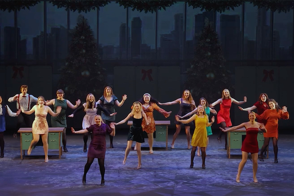 Students from Middle Tennessee State University’s Theatre and Dance program, perform “Turkey Lurkey,” from the 2025 “Joys of the Season” holiday-themed arts showcase from the College of Liberal Arts, premiering Monday, Dec. 8, on the university’s True Blue TV and YouTube channel. The 30-minute program will air all month on True Blue TV and other area media outlets. (MTSU screenshot)