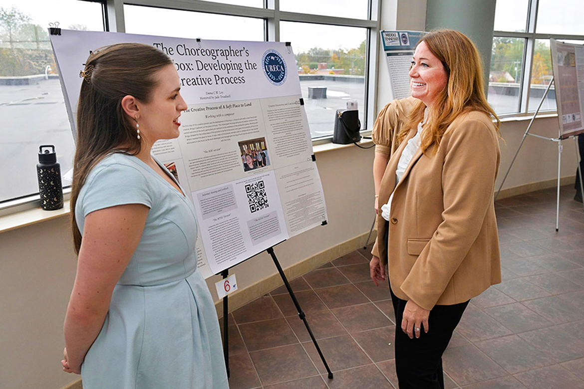 Emma C. W. Loy, left, a Class of 2025 dance major at Middle Tennessee State University in Murfreesboro, Tenn., presents her project, “The Choreographer’s Toolbox: Developing the Creative Process,” to Jamie Burriss, director of the Undergraduate Research Center at MTSU, during an Undergraduate Research Experience and Creative Activity Open House at MTSU on Nov. 7, 2024. The Undergraduate Research Experience and Creative Activity program, known as URECA, supports and showcases undergraduate research and creative scholarship across disciplines. (MTSU photo by Andy Heidt)