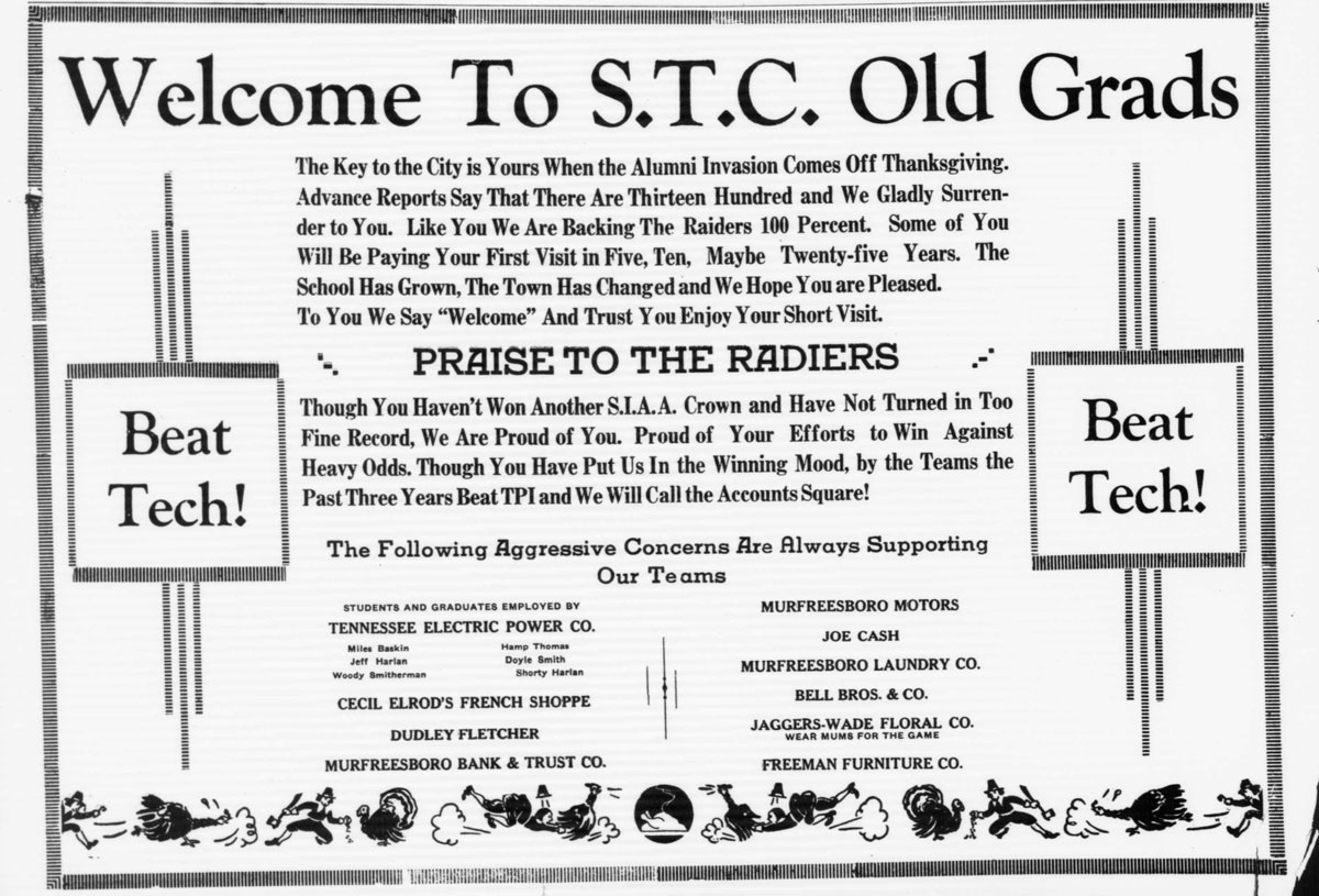 1938 Sidelines (Photo: Sidelines, 1938) MTSU’s first big homecoming in 1938 saw a great turnout of alumni.