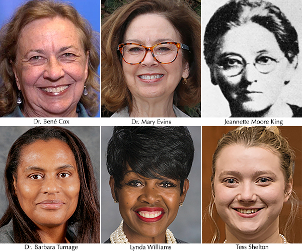 2019 MTSU National Women’s History Month “Trailblazer” honorees: Dr. Bené Cox, professor emerita, MTSU Department of English, and former director of the University Writing Center; Dr. Mary Evins, professor of history and coordinator of the MTSU chapter of the American Democracy Project; Jeannette Moore King, the first woman elected to public office in Rutherford County (1899), Tennessee's first female school superintendent, and a member of the first Middle Tennessee State Normal School faculty, 1911-22; Dr. Barbara Turnage, professor of social work and interim associate dean for the College of Behavioral and Health Sciences; Lynda Williams, professor of criminal justice administration, former deputy assistant director of the Office of Human Resources of the U.S. Secret Service, and an MTSU alumna; and MTSU senior Tess Shelton, a dual-major honors student, community volunteer and activist who serves as president of the campus organization Generation Action.