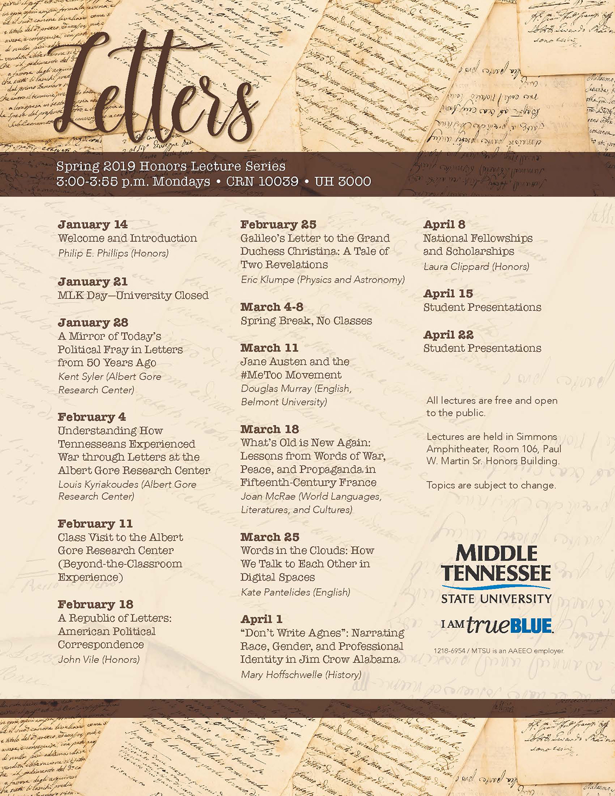 2019 spring Honors College flyer