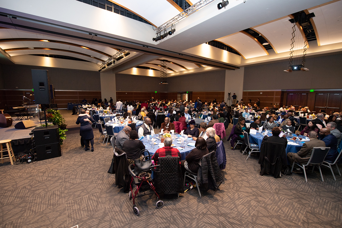 A portion of the crowd attending this year’s 24th annual MTSU Unity Luncheon in the Student Union Ballroom Thursday, Feb. 20, waits for the event to begin. MTSU and the community recognized six unsung heroes at the event. (MTSU photo by James Cessna)