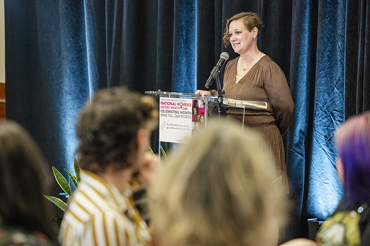 Maigan Wipfli, chair of MTSU’s Nation Women’s History Month and director of MTSU’s June Anderson Center for Women and Nontraditional Students, gives remarks at the March 1 kickoff event inside that Ingram Building’s MT Center during which Middle Tennessee State University presented its annual Trailblazer Awards to those within the campus and surrounding community who uplift women. (MTSU photo by Andy Heidt)