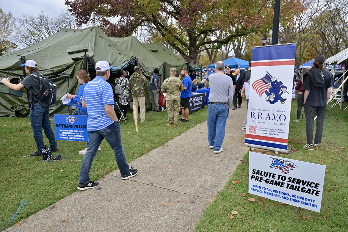 The 42nd annual Middle Tennessee State University Salute to Veterans and  Armed Forces pregame activities in Walnut Grove included Vet Village, picnic and tailgate, Raider Walk, Party in the Grove and more in November 2024, on the MTSU campus in Murfreesboro, Tenn. The 43rd annual Salute to Veterans game and accompanying activities will take place on Saturday, Nov. 8, in the Keathley University Center Theater, Walnut Grove and the stadium. (MTSU file photo by Andy Heidt)