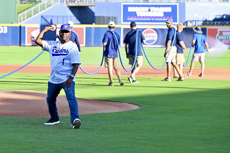 Middle Tennessee State University President Sidney A. McPhee throws out the ceremonial first pitch at the Nashville Sounds’ special Military Appreciation Night game Thursday, June 6, at First Horizon Park in Nashville, Tenn. The game was also True Blue Night at the Sounds in honor of the university. (MTSU photo by James Cessna)