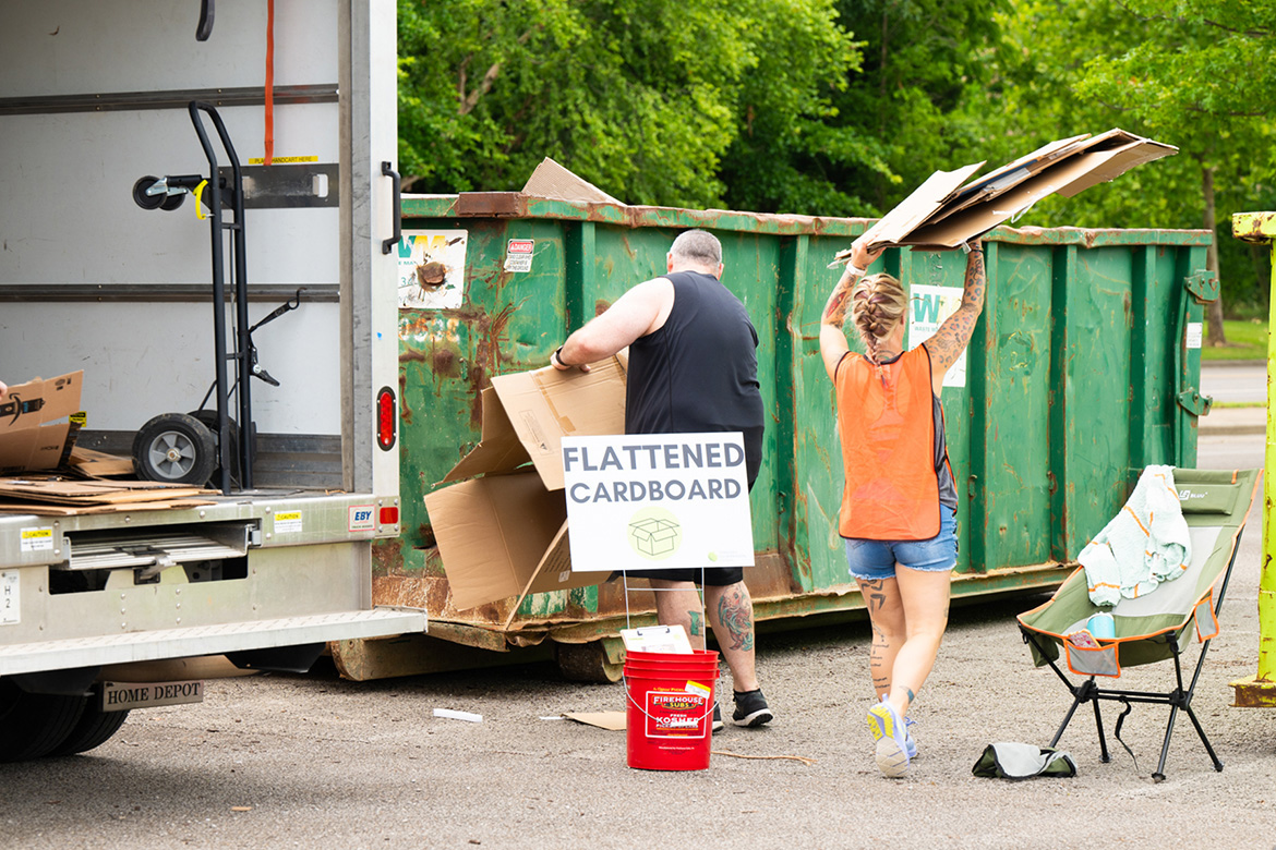 Volunteers sort through and pack up cardboard to be recycled at the inaugural Murfreesboro Recycling Roundup, hosted by Middle Tennessee State University in Murfreesboro, Tenn., in partnership with Tennessee Environmental Council. This year’s event is set for 9 a.m. to 1 p.m. Saturday, Aug. 16, in the campus parking lot at 602 N. Rutherford Blvd. (MTSU photo by James Cessna)
