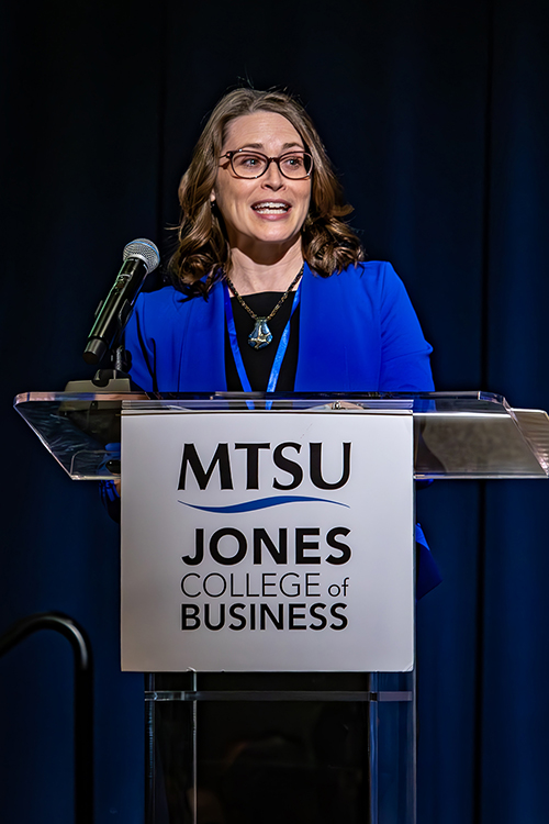 Stephanie Coleman, president of the Nashville Area Chamber of Commerce, addresses the audience Friday, March 21, at the start of Middle Tennessee State University’s annual Forum on Growth and Regional Challenges inside the James Union Building Tennessee Ballroom on campus in Murfreesboro, Tenn. (MTSU photo by Tom Beckwith)