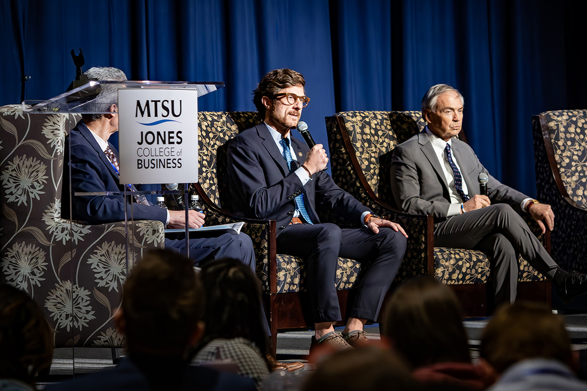 Columbia, Tenn., Mayor Chaz Molder, center, discusses how his city deals with various growth issues during a mayors’ panel Friday, March 21, as part of Middle Tennessee State University’s annual Forum on Growth and Regional Challenges inside the James Union Building Tennessee Ballroom on campus in Murfreesboro, Tenn. Looking on is moderator David Plazas of The Tennessean, left, and Wilson County Mayor Randall Hutto. (MTSU photo by Tom Beckwith)