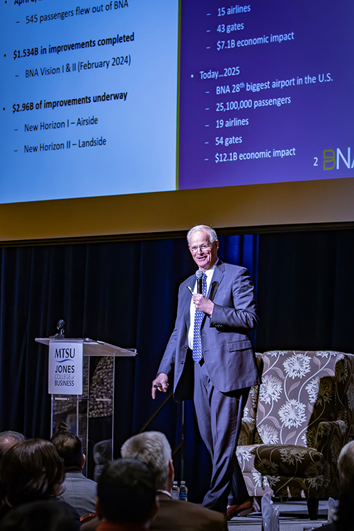 Doug Kreulen, president and CEO of the Metropolitan Nashville Airport Authority, which is responsible for the Nashville International Airport, gives a presentation on the airport’s growth and expansion plans Friday, March 21, during Middle Tennessee State University’s annual Forum on Growth and Regional Challenges inside the James Union Building Tennessee Ballroom on campus in Murfreesboro, Tenn. (MTSU photo by Tom Beckwith)