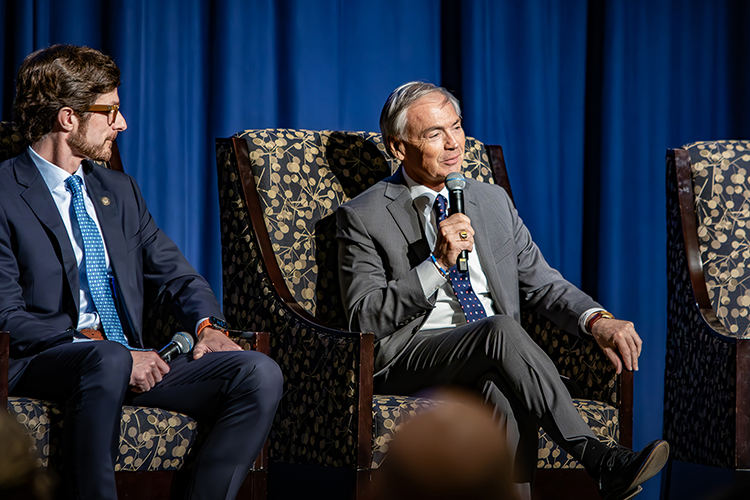 Wilson County, Tenn., Mayor Randall Hutto, right, discusses how his county deals with various growth issues during a mayors’ panel Friday, March 21, as part of Middle Tennessee State University’s annual Forum on Growth and Regional Challenges inside the James Union Building Tennessee Ballroom on campus in Murfreesboro, Tenn. Looking on is Columbia Mayor Chaz Molder. (MTSU photo by Tom Beckwith)