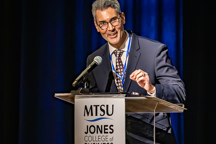 David Plazas, columnist and opinion editor for The (Nashville) Tennessean, addresses the audience Friday, March 21, at the start of Middle Tennessee State University’s annual Forum on Growth and Regional Challenges inside the James Union Building Tennessee Ballroom on campus in Murfreesboro, Tenn. (MTSU photo by Tom Beckwith)