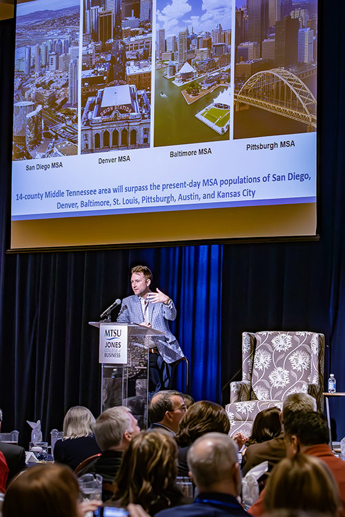 Murat Arik, director of Business and Economic Research Center and holder of the Jennings and Rebecca Jones Chair of Excellence in Regional and Urban Planning at Middle Tennessee State University, gives closing remarks Friday, March 21, at MTSU’s annual Forum on Growth and Regional Challenges inside the James Union Building Tennessee Ballroom on campus in Murfreesboro, Tenn. (MTSU photo by Tom Beckwith)